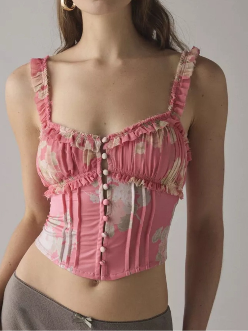 Kimchi Blue Claudia Ruffle-Trim Cropped Corset Top Pink Floral Size XL